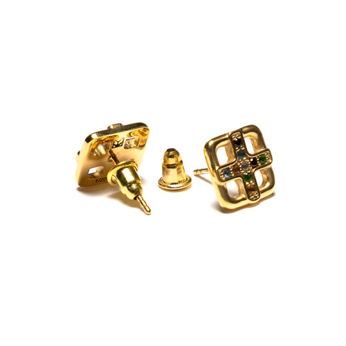 MAPLE Cross Earrings 14K Gold/Topaz front and back view & earring post stud