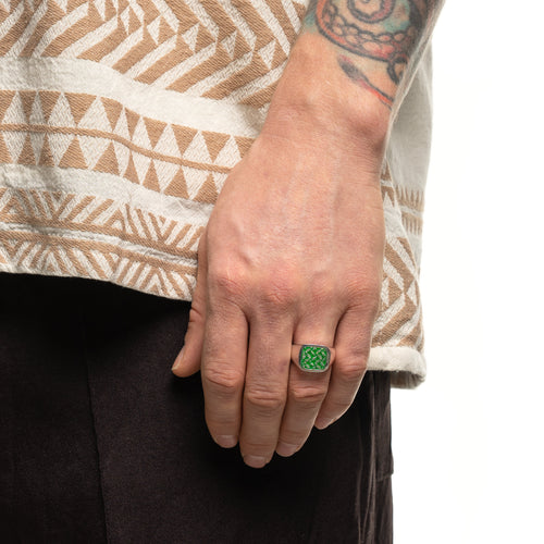 MAPLE Floral Signet Silver 925/Green Enamel on finger view