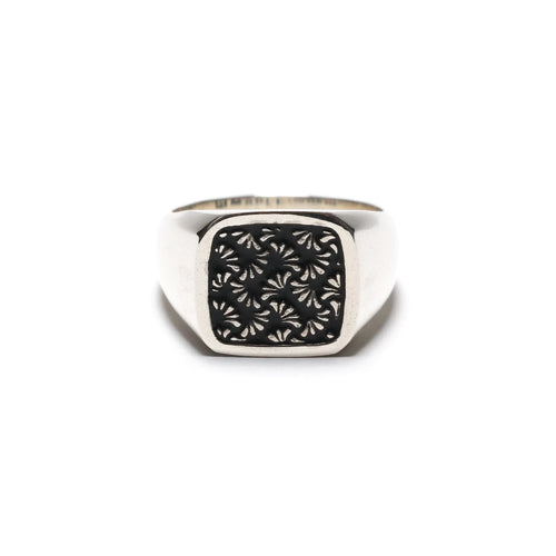 MAPLE Floral Signet Ring 925 Art Deco Pattern Silver Black Enamel filled front view