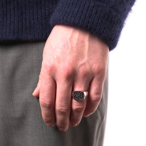 MAPLE Floral Signet Ring 925 Art Deco Pattern Silver Black Enamel filled on finger view