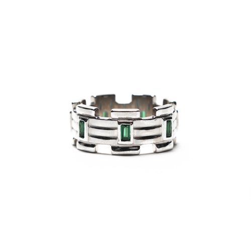 MAPLE Lui Link Stone Ring Silver 925 Baguette-Cut Green Emerald Stone front view