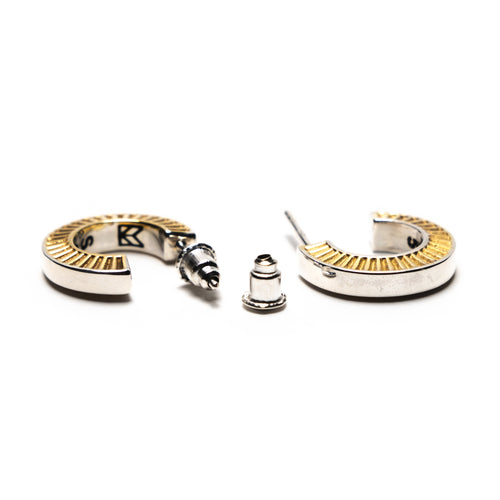 MAPLE Two Tone Hoop Earrings Silver 925 14K Gold front and back view & earring post stud