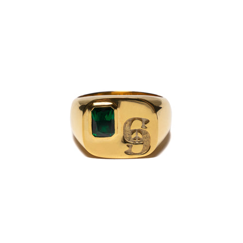 MAPLE 69 Signet Ring 14K Gold Green Emerald front view