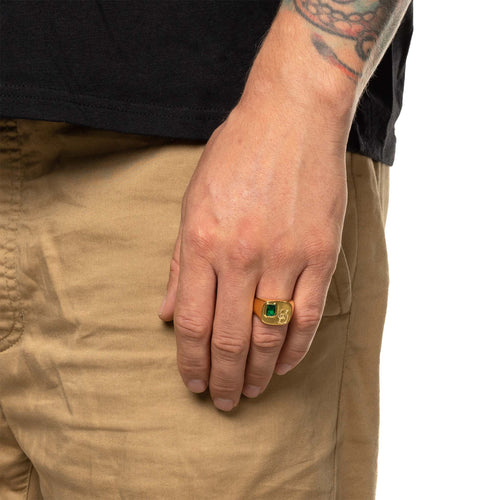 MAPLE 69 Signet Ring 14K Gold Green Emerald on finger view