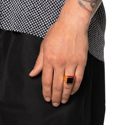 MAPLE Barrington Signet Ring 14K Gold Onyx & Red Topaz stone on finger view
