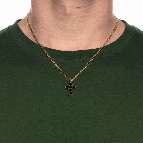 MAPLE Cross Chain with Figaro Chain Cross Pendant 14K Gold Onyx Stone on model