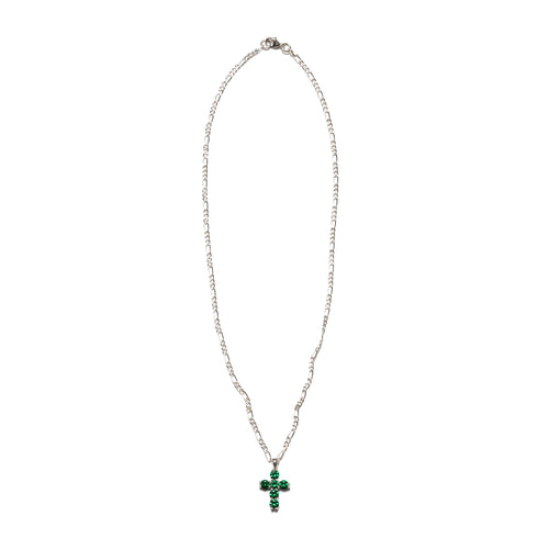 MAPLE Cross Chain with Figaro Chain Cross Pendant Silver 925 Green Emerald front view