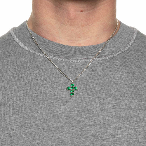 MAPLE Cross Chain with Figaro Chain Cross Pendant Silver 925 Green Emerald on model