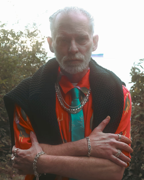 FW24 Editorial man wearing Silver 925 Necklaces Chains Bracelets & Rings