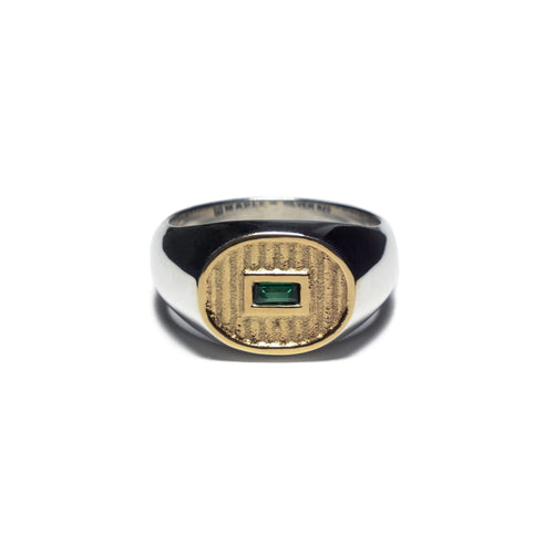 MAPLE Sherman Signet Ring Silver 925 14K Gold Lab Made Baguette Cut Green Emerald front view