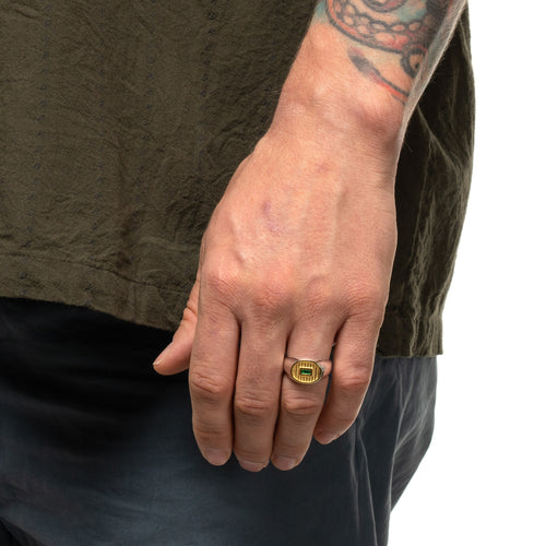 MAPLE Sherman Signet Ring Silver 925 14K Gold Lab Made Baguette Cut Green Emerald on finger view