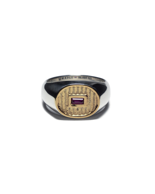 MAPLE Sherman Signet Ring Silver 925 14K Gold Lab Made Baguette Cut Red Ruby front view