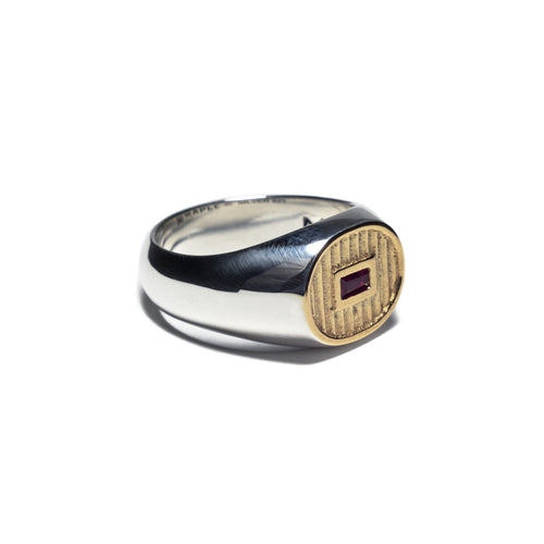 MAPLE Sherman Signet Ring Silver 925 14K Gold Lab Made Baguette Cut Red Ruby side view