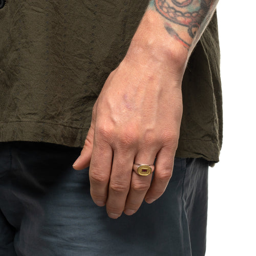 MAPLE Sherman Signet Ring Silver 925 14K Gold Lab Made Baguette Cut Red Ruby on finger view