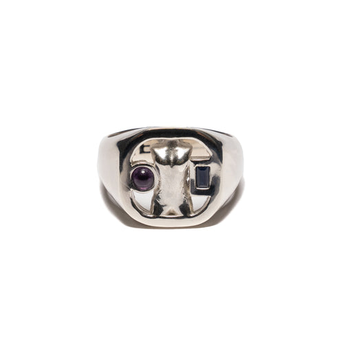 MAPLE Woman Signet Ring Silver 925 Amethyst and Sapphire Stones front view