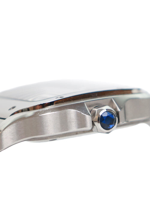 Cartier Santos Medium Watch Steel synthetic faceted blue spinel crown detail