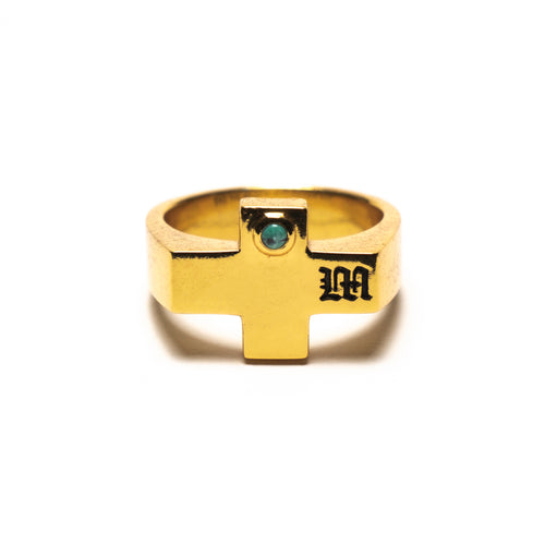 MAPLE Cross Signet Ring 14K Gold & Turquoise Stone front view