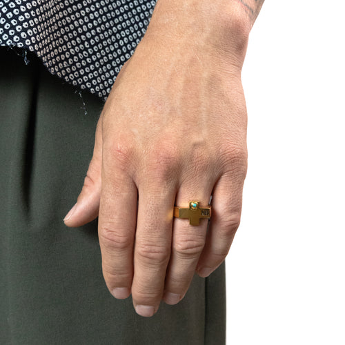 MAPLE Cross Signet Ring 14K Gold & Turquoise Stone on finger