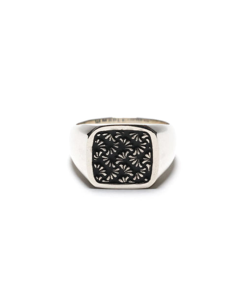 MAPLE Floral Signet Ring 925 Art Deco Pattern Silver Black Enamel filled front view