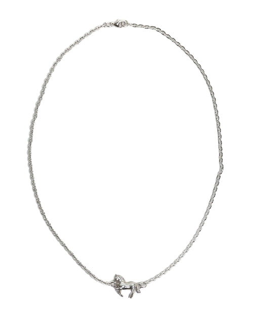 Silver necklace with a small horse pendant on a white background
