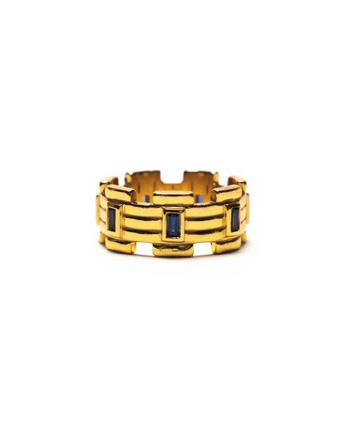 MAPLE Lui Link Stone Ring 14K Gold Baguette-Cut Blue Sapphire Stone front view