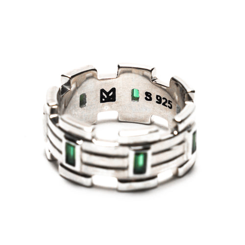 MAPLE Lui Link Stone Ring Silver 925 Baguette-Cut Green Emerald Stone back inside hallmarking view