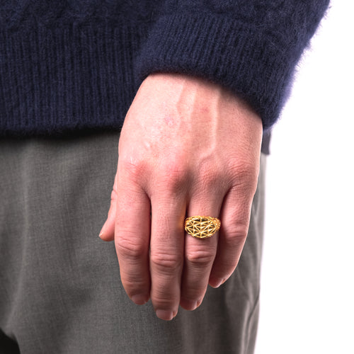 MAPLE Mccourt Signet Ring 14K Gold Shed Building inspired on finger view