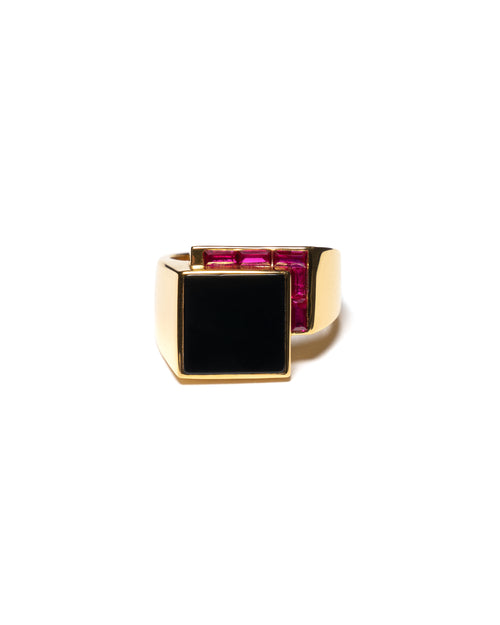 MAPLE Barrington Signet Ring 14K Gold Onyx & Red Topaz stone front view