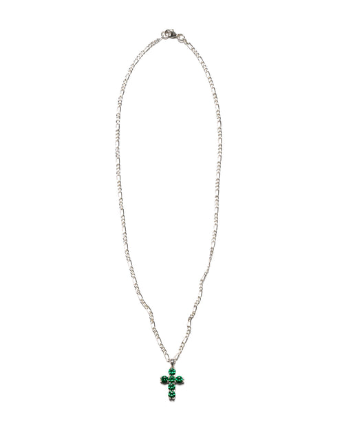 MAPLE Cross Chain with Figaro Chain Cross Pendant Silver 925 Green Emerald front view