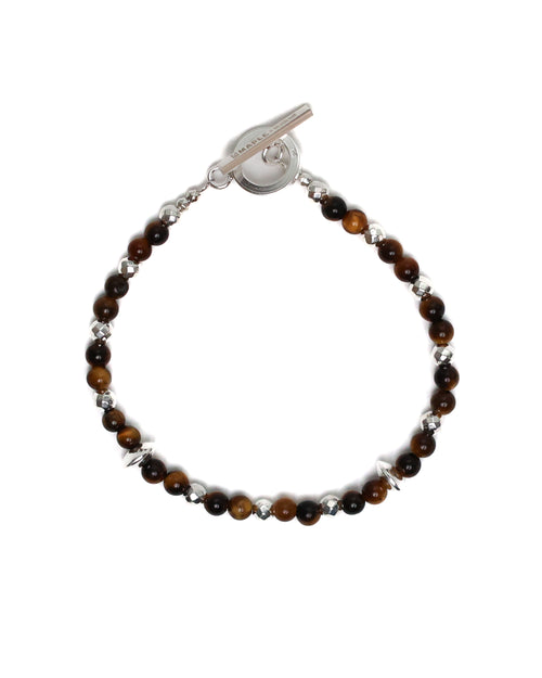 Beaded bracelet with brown and silver beads on a white background
