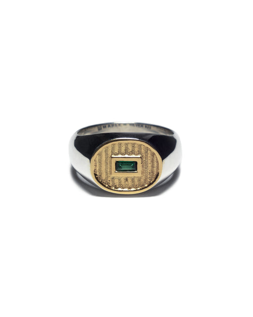 MAPLE Sherman Signet Ring Silver 925 14K Gold Lab Made Baguette Cut Green Emerald front view