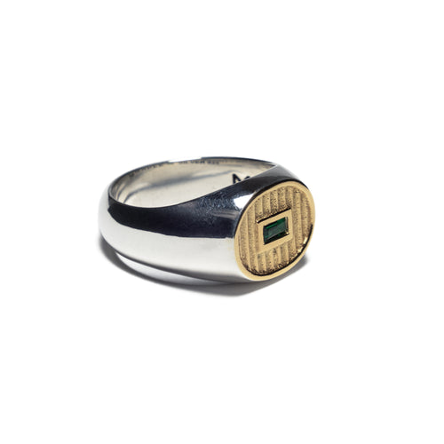 MAPLE Sherman Signet Ring Silver 925 14K Gold Lab Made Baguette Cut Green Emerald side view