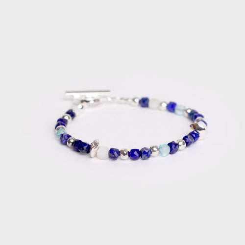 MAPLE Madina Beaded Bracelet Silver 925 lapis lazuli blue topaz mother of pearl pyrite stone rotating