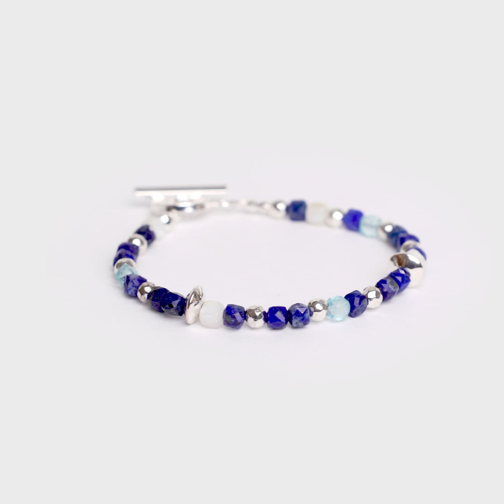 MAPLE Madina Beaded Bracelet Silver 925 lapis lazuli blue topaz mother of pearl pyrite stone rotating
