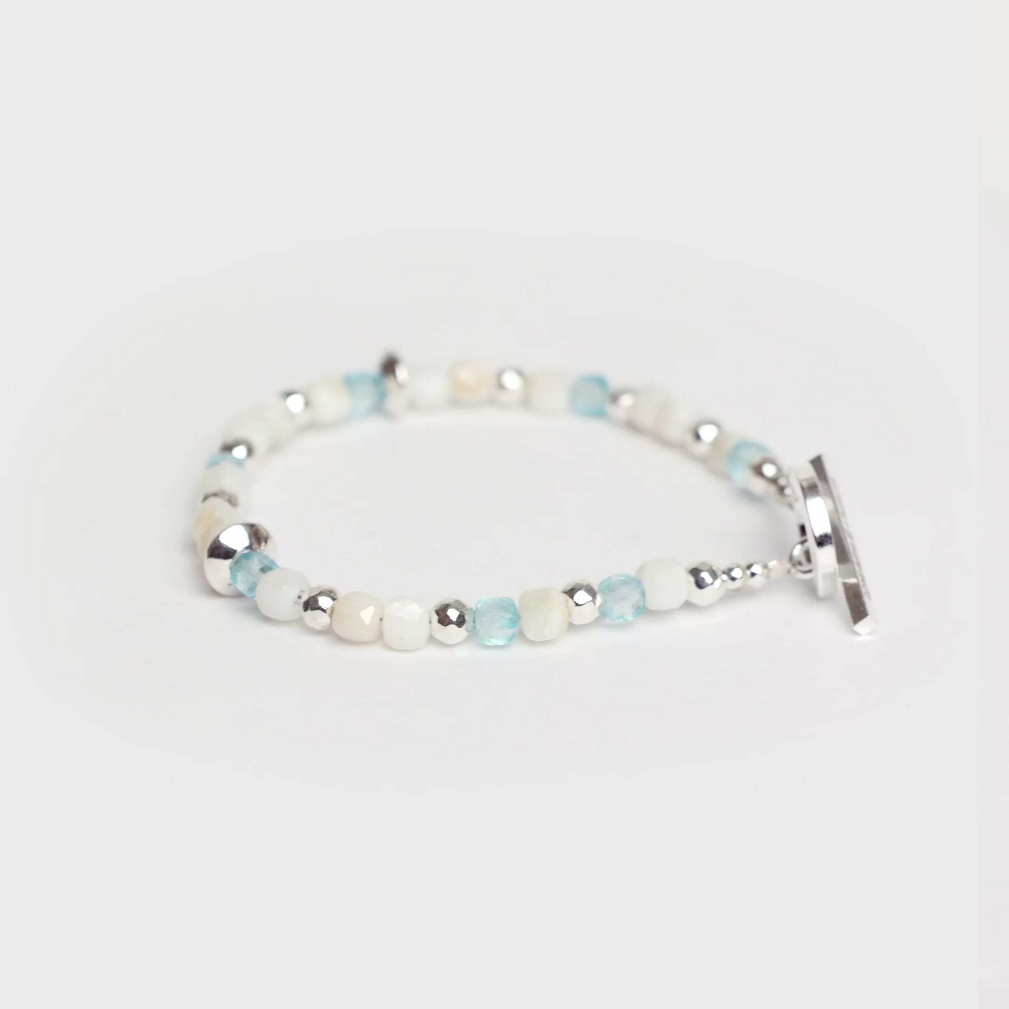MAPLE Madina Beaded Bracelet Silver 925 mother of pearl blue topaz pyrite stone rotating